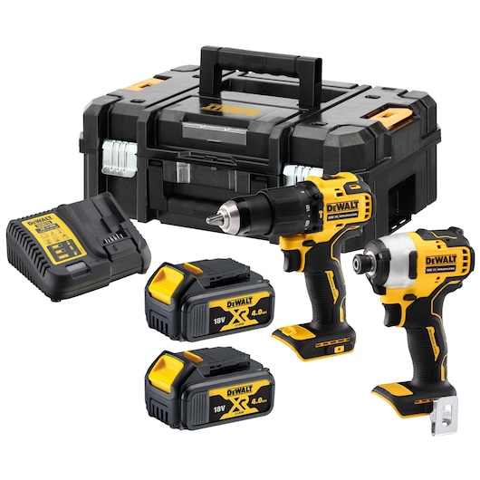 Kit including DCD709 Combi Drill, DCF809 Impact Driver, 2x 18V XR 4Ah batteries, DCB112 charger and TSTAK box