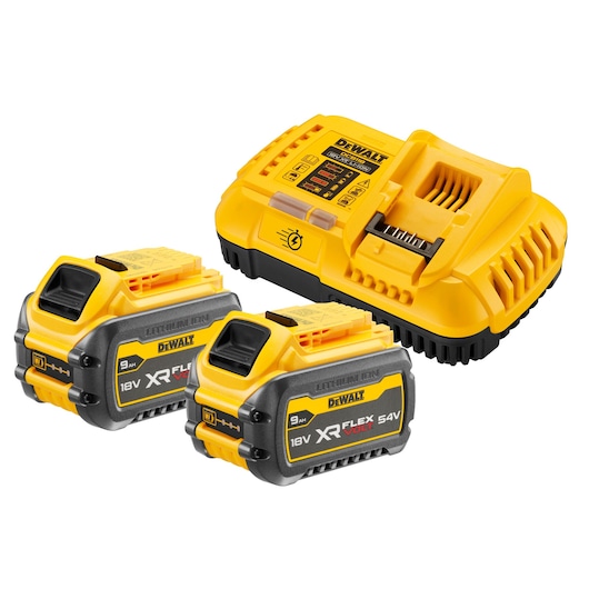 1x DCB118 Charger and 2x DCB547 9.0ah Flexvolt batteries