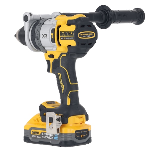 Back view of 18V XR Brushless Premium Hammer Drill Driver with side handle and 5.0Ah Powerstack battery attached