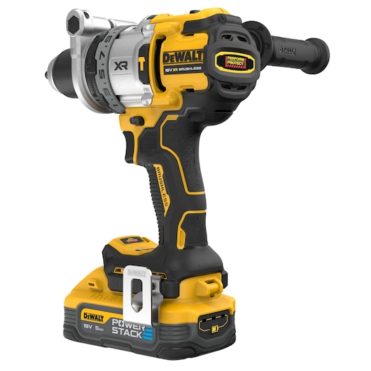 Angled back view of 18V XR Brushless Premium Hammer Drill Driver with side handle and 5.0Ah Powerstack battery attached
