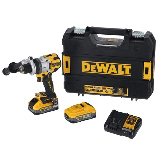 Kit including 18V XR Brushless Premium Hammer Drill Driver with side handle, x2 Powerstack batteries, DCB1104 charger and storage case