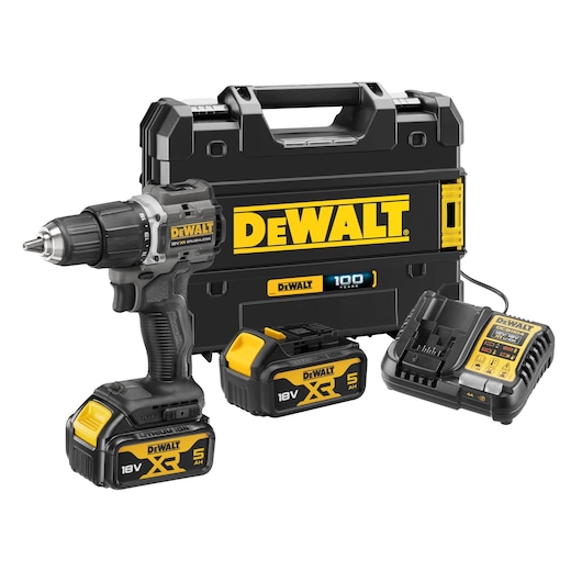 Kit shot including the DCD100 Brushless Hammer Drill Driver, x2 DCB184 XR 5AH batteries, DCB1104 XR charger and TSTAK compatible kitbox
