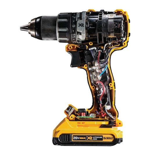 Close-up view of XR Lithium Ion Brushless compact drill driver .