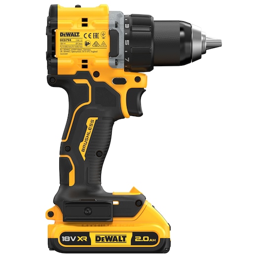 18V XR Brushless Compact Hammer Drill Driver with 18V 2Ah battery right side view
