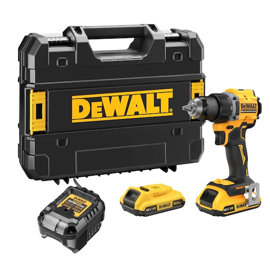 18V XR Brushless Compact Hammer Drill Driver, x2 2.0 Ah batteries, DCB1102 charger and tstak