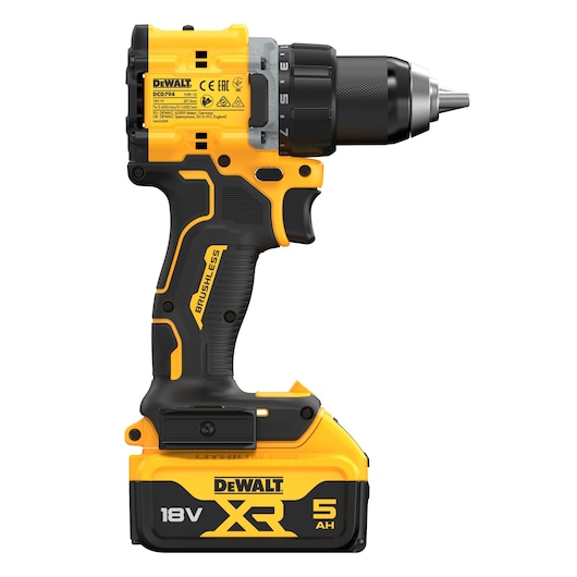 18V XR Brushless Compact Hammer Drill Driver with 18V 5Ah battery right side view