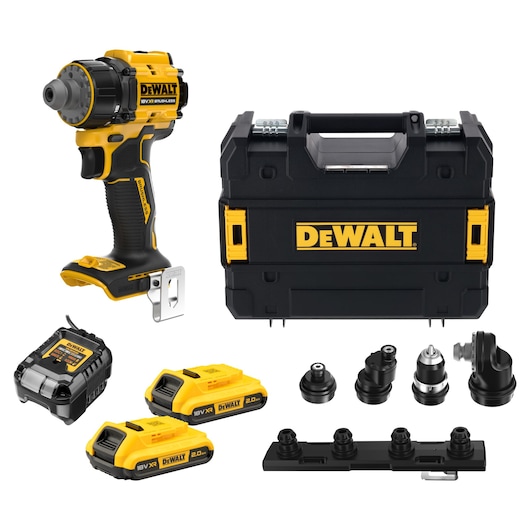 A DeWalt 18V XR brushless cordless drill driver set. The set includes a yellow and black drill, a hard plastic carrying case with the DeWalt logo, two 18V XR 2.0Ah batteries, a battery charger, and several interchangeable drill attachments laid out in front of the case.