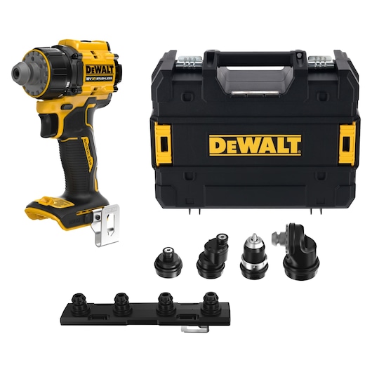 A DEWALT cordless drill set, featuring a yellow and black drill driver, a hard plastic carrying case with the DEWALT logo, several interchangeable drill heads, and an accessory holder. All items are neatly arranged on a white background.
