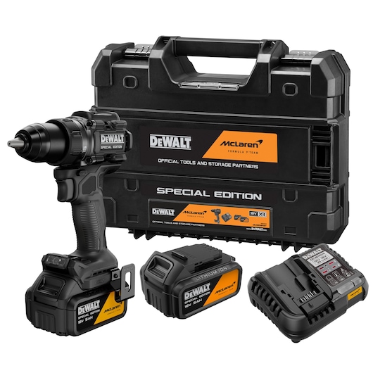 DeWalt drill set with 18V batteries, charger, and case for construction tasks, offers portability.