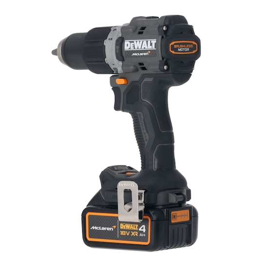 DEWALT/McLaren Drill Driver with 18V XR 4Ah battery 3/4 view from rear
