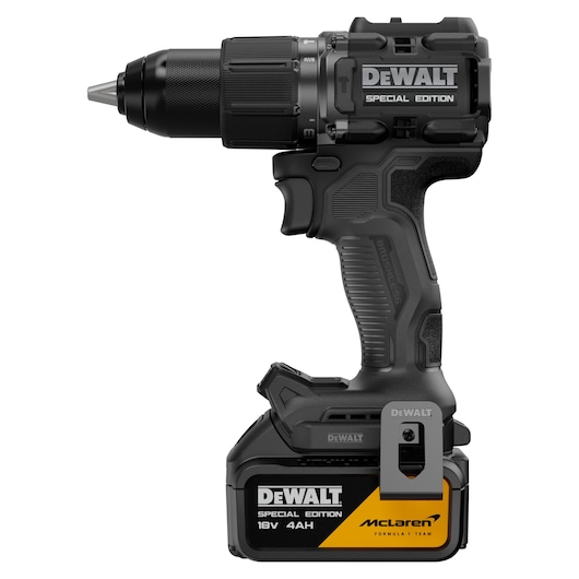 DEWALT x McLaren F1 Team 18V XR Special Edition Hammer Drill Driver with 4Ah battery front side view