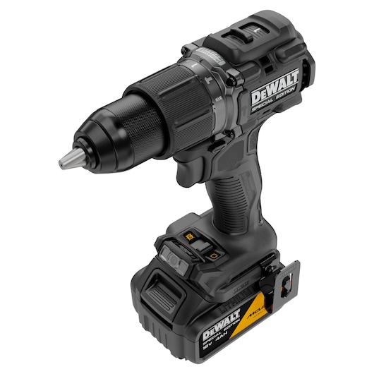 DEWALT x McLaren F1 Team 18V XR Special Edition Hammer Drill Driver with 4Ah battery front angled view