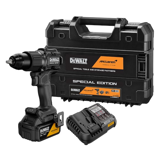 DEWALT x McLaren F1 Team 18V XR Special Edition Hammer Drill Driver with 4Ah battery attached, plus a single 4Ah battery, storage case and battery charger