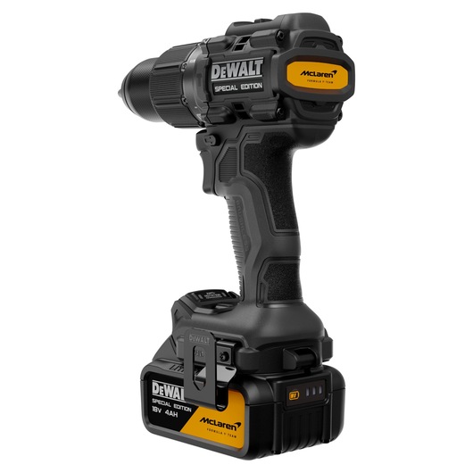 DEWALT x McLaren F1 Team 18V XR Special Edition Hammer Drill Driver with 4Ah battery rear angled view