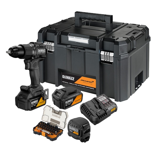 DEWALT x McLaren F1 Team 18V XR Special Edition Hammer Drill Driver with 4Ah battery, additional 4Ah battery, storage case, charger, tape measure and bit set