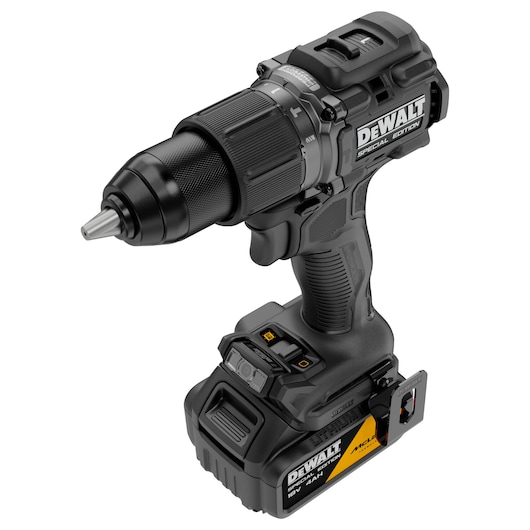DEWALT x McLaren F1 Team 18V XR Special Edition Hammer Drill Driver with 4Ah battery front angled view