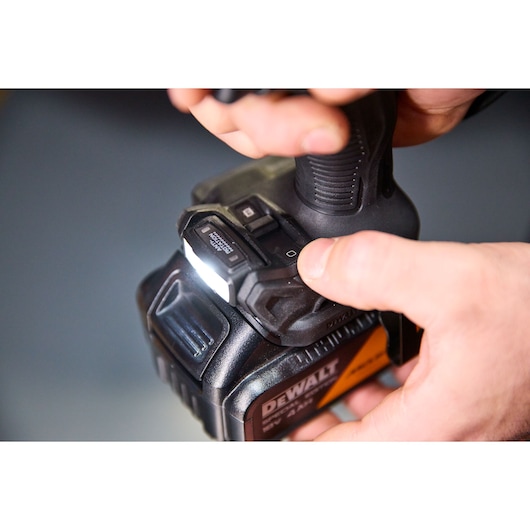 LED light on the DEWALT x McLaren F1 Team 18V XR Special Edition Hammer Drill Driver with 4Ah battery