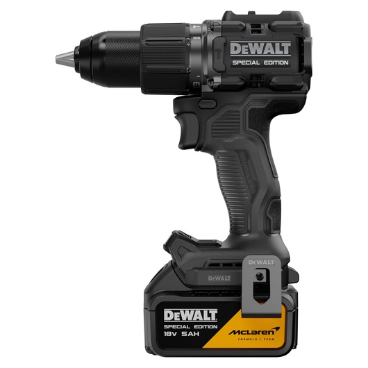 DEWALT x McLaren F1 Team 18V XR Special Edition Hammer Drill Driver with 5Ah battery front side view