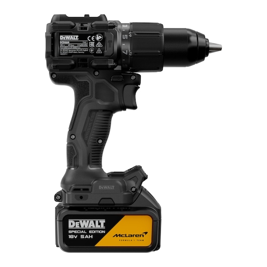 DEWALT x McLaren F1 Team 18V XR Special Edition Hammer Drill Driver with 5Ah battery rear side view