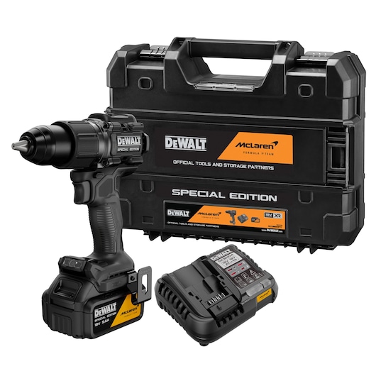 DEWALT x McLaren F1 Team 18V XR Special Edition Hammer Drill Driver with 5Ah battery attached, storage case and battery charger