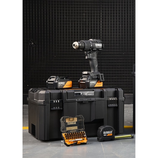 DEWALT x McLaren F1 Team 18V XR Special Edition Hammer Drill Driver with 5Ah battery, single 5Ah battery, tape measure,  bit set and storage box
