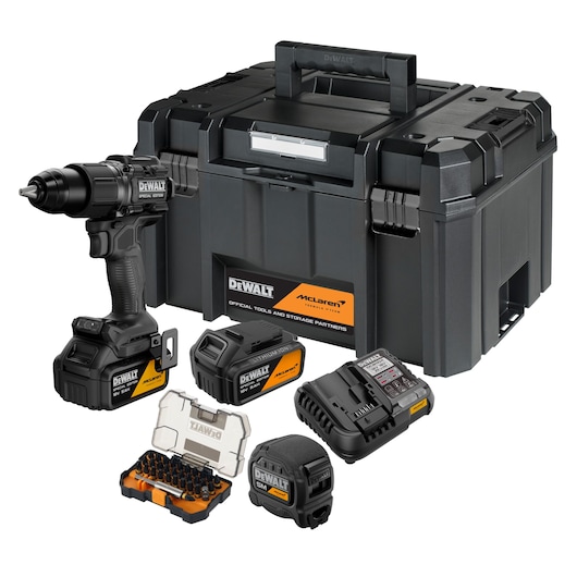 DEWALT x McLaren F1 Team 18V XR Special Edition Hammer Drill Driver with 5Ah battery, additional 5Ah battery, storage case, charger, tape measure and bit set