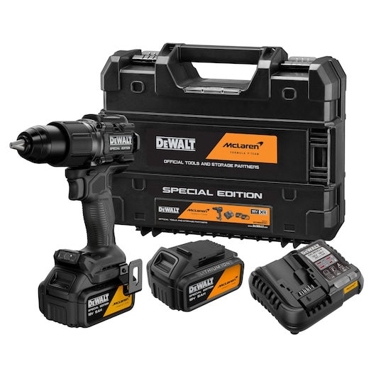 DEWALT x McLaren F1 Team 18V XR Special Edition Hammer Drill Driver with 5Ah battery attached, additional 5Ah battery, storage case and battery charger