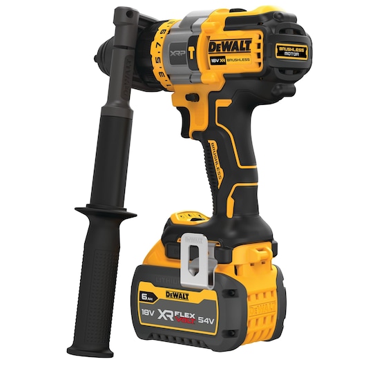 Angle view Brushless 18V XR XRP hammer drill driver with 6AH Flexvolt battery