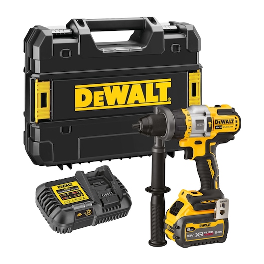 Cordless Kit including Dewalt DCD999T1 18V XR Brushless Premium Hammer Drill Driver with 6Ah Flexvolt Battery, Dewalt DCB116 Charger and Kitbox.