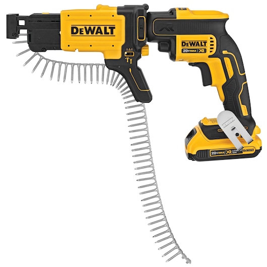 Collated drywall screw gun attachment with screws featuring screw gun.