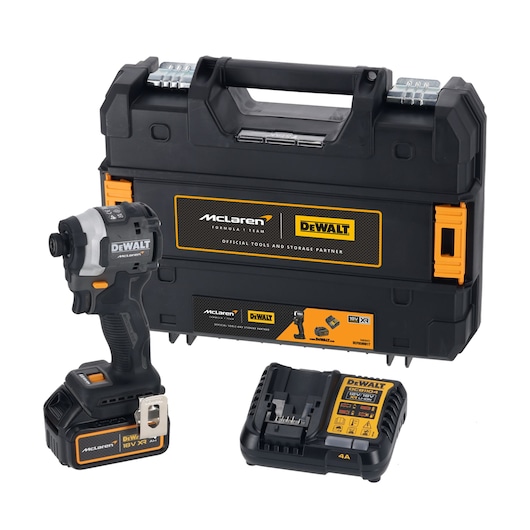 DEWALT/McLaren kit comprising of Impact  Driver DCF850, 1 X 18V 4Ah battery, charger DCB1104 and case
