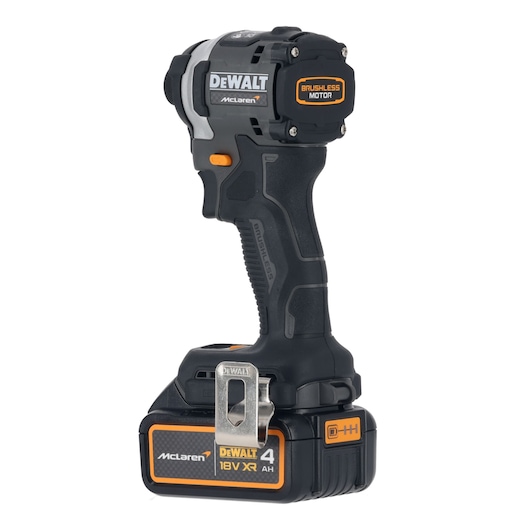 DEWALT/McLaren Impact  Driver with 18V XR 4Ah battery 3/4 view from rear