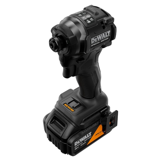 DEWALT x McLaren F1 Team 18V XR Special Edition Impact Driver with 4Ah battery front angled view