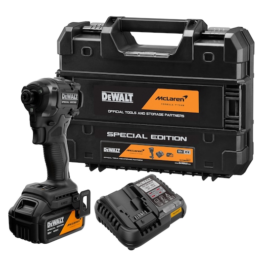 DEWALT x McLaren F1 Team 18V XR Special Edition Impact Driver with 4Ah battery attached,  storage case and battery charger