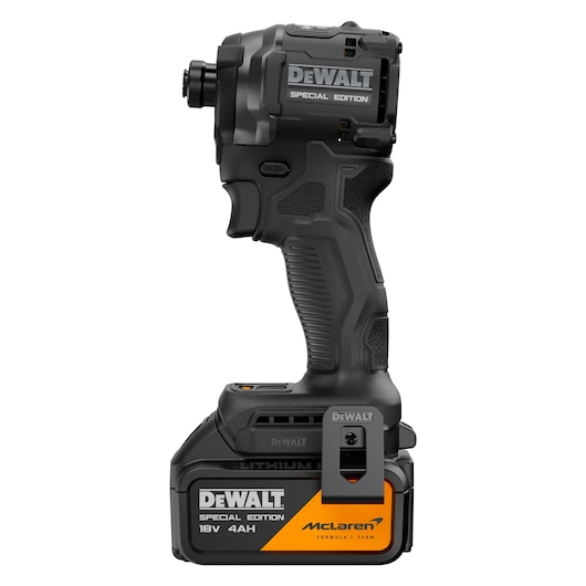 DEWALT x McLaren F1 Team 18V XR Special Edition Impact Driver with 4Ah battery front side view