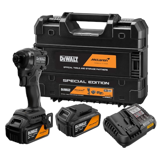 DEWALT x McLaren F1 Team 18V XR Special Edition Impact Driver with 4Ah battery attached,  additional 4Ah battery, storage case and battery charger