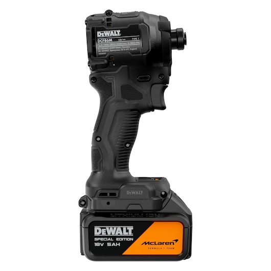 DEWALT x McLaren F1 Team 18V XR Special Edition Impact Driver with 5Ah battery rear side view