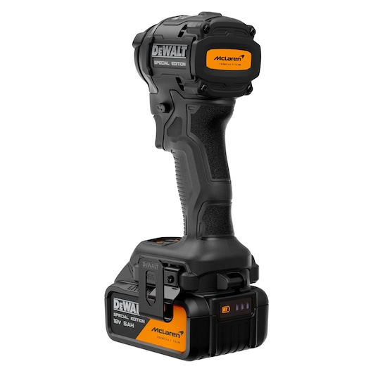 DEWALT x McLaren F1 Team 18V XR Special Edition Impact Driver with 5Ah battery rear angled view