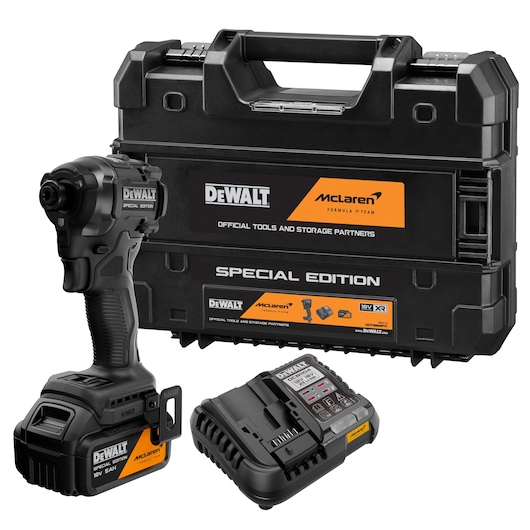 DEWALT x McLaren F1 Team 18V XR Special Edition Impact Driver with 5Ah battery attached,  storage case and battery charger