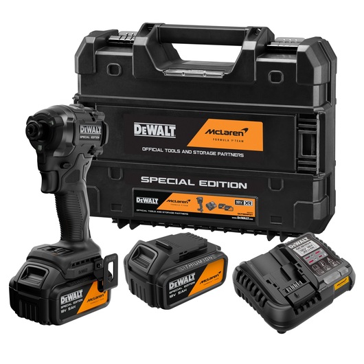 DEWALT x McLaren F1 Team 18V XR Special Edition Impact Driver with 5Ah battery attached, additional 5Ah battery, storage case and battery charger