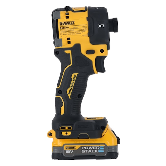 Rear side view of 18V XR Brushless Impact Driver with Powerstack battery