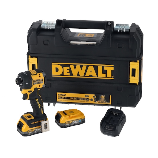 18V XR Brushless Impact Driver connected to DCBP034 Powerstack 1.7AH battery, x1 DCBP034 1.7Ah Powerstack battery, DCB1102 charger and kitbox