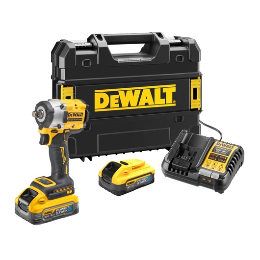 18V XR Brushless Impact Wrench, Powerstack battery, charger and Tstak case on white background