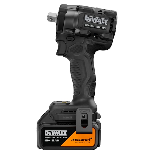 DEWALT x McLaren F1 Team 18V XR Special Edition Compact Impact Wrench with 5Ah battery front side view