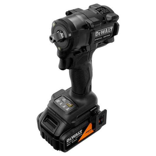 DEWALT x McLaren F1 Team 18V XR Special Edition Compact Impact Wrench with 5Ah battery front angled view