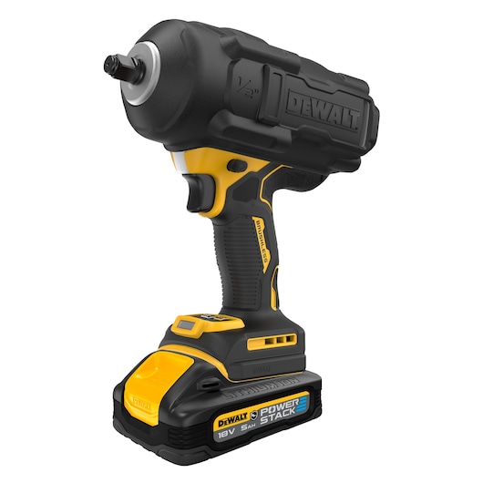 3/4 view 18V XR Brushless 1/2" High Torque Impact Wrench with Powerstack battery