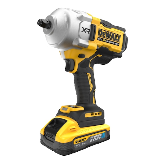 3/4 view image of an 18V XR Brushless 1/2 inch High Torque Impact Wrench with Powerstack battery