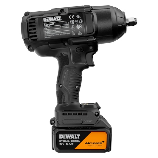 DEWALT x McLaren F1 Team 18V XR Special Edition Impact Wrench with 5Ah battery rear side view