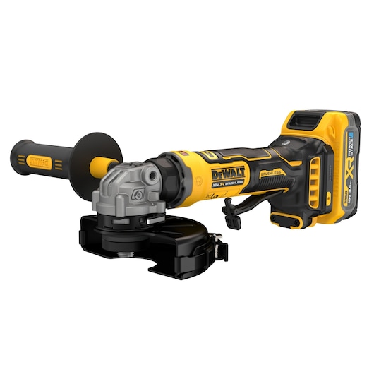 DEWALT 18V XR Brushless Compact 125mm Angle Grinder with 3.5Ah battery 3/4 front view