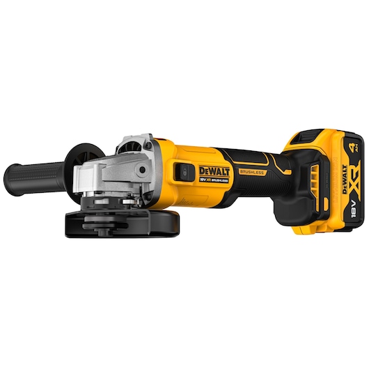DEWALT 18V XR Brushless Angle Grinder with 4Ah battery ¾ view from right side